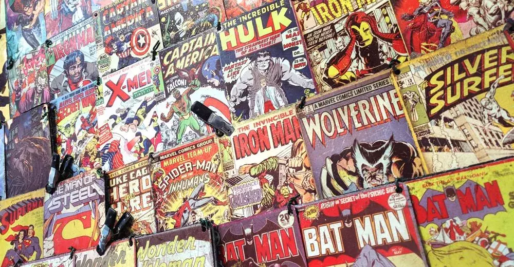A display wall of comics in a comic book shop.